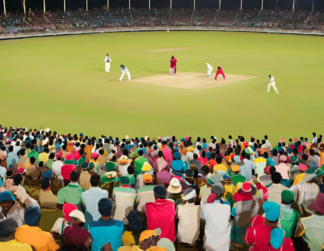 A packed stadium under bright lights during a cricket game, players in colorful uniforms, a batsman poised to hit the ball, and the crowd cheering.