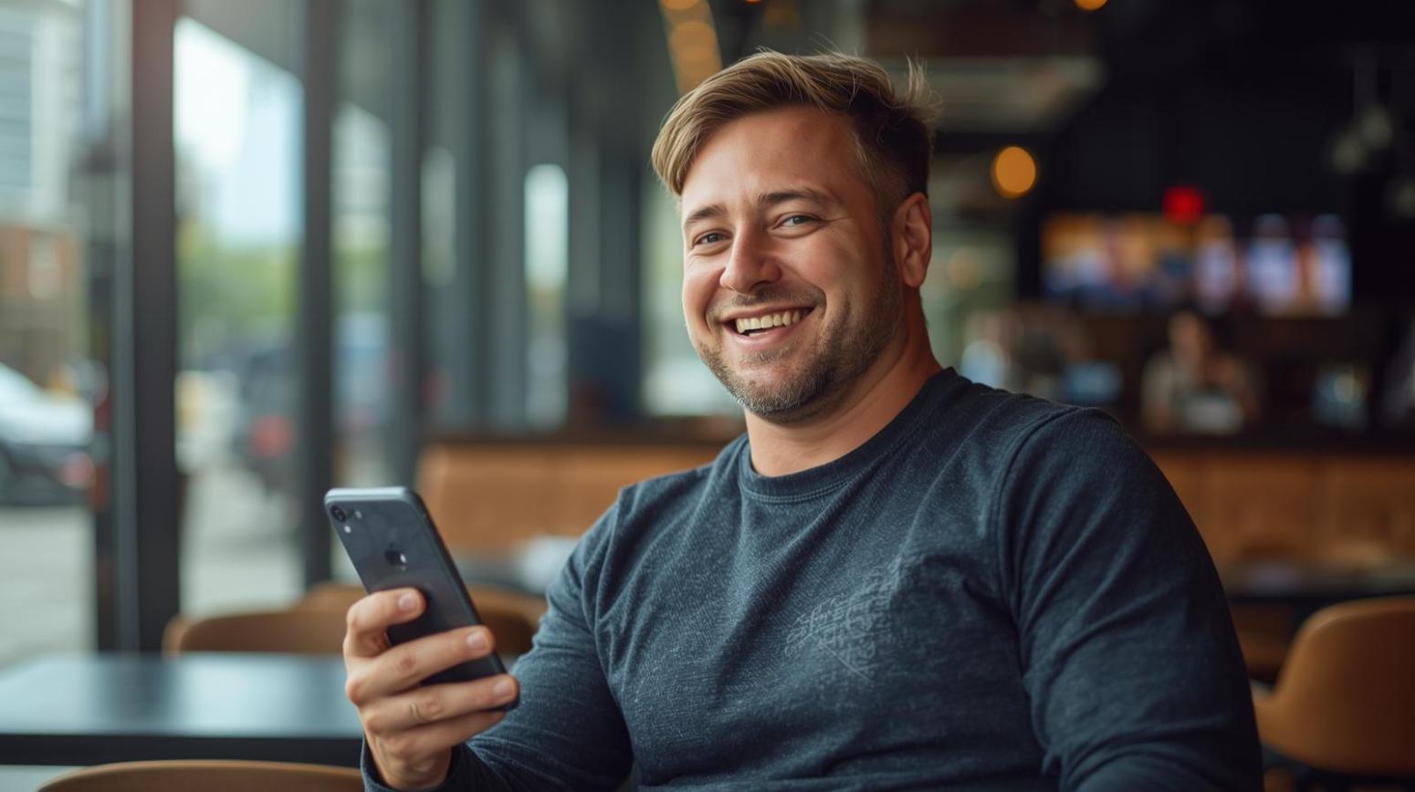Relaxed sports fan enjoying mobile betting moment outdoors in bright, modern city setting.