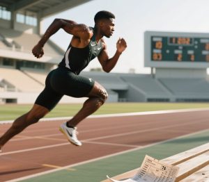 A runner in a tracking field with a bench on the side 