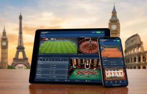 A high-resolution, dynamic image of an online betting dashboard on a tablet and smartphone showing both casino games and live sports odds, with European landmarks subtly in the background to signify international gaming.