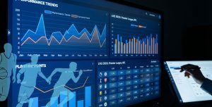 Sports analytics dashboard with graphs, odds, and athlete silhouettes