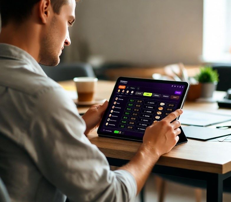 casual bettor sitting at home using a tablet, surrounded by subtle game-like UI elements