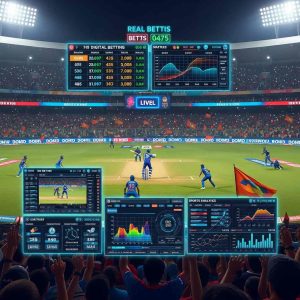 A high-energy cricket stadium during an IPL match, with players in action