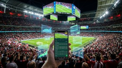 A football stadium packed with fans, multiple match screens