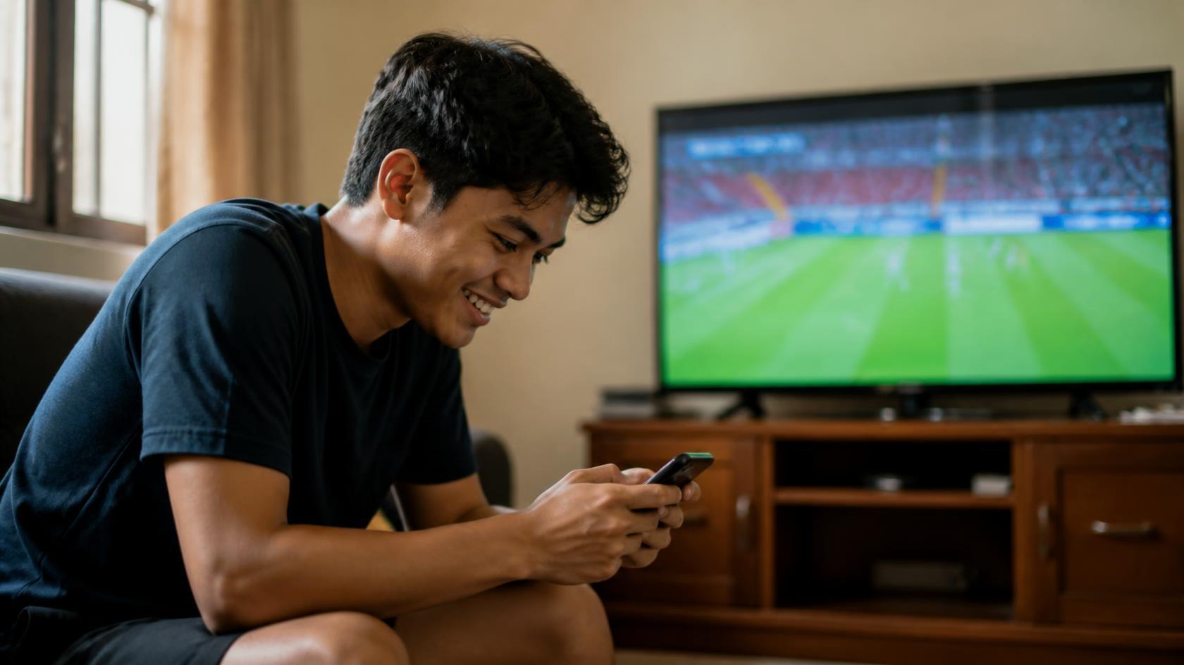 Man smiling at his phone while watching a football match on television at home.