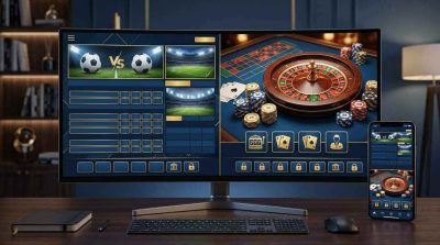 A modern sportsbook dashboard displayed beside a premium online casino interface on a desktop and smartphone